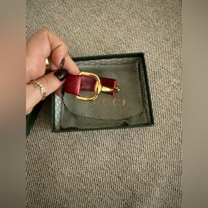 Gucci Vintage Red Leather Bangle Cuff Belt Bracelet Gold Horsebit